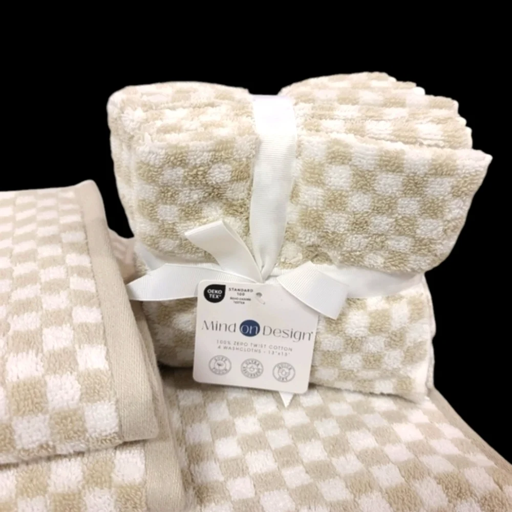 8pc Mind on Design Tan White Check Zero Twist Bath Hand Washcloth Towel Set NEW
